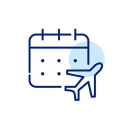 Flight date. Plane on a calendar. Pixel perfect, editable stroke icon