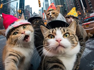 Group of funny happy cats taking a selfie with surprise expression, wearing birthday party hats, New Year eve, downtown, NYC, Times Square