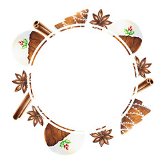 Watercolor Christmas frame with crispy gingerbread cookies with icing, cinnamon and anise stars. New year hand painting logo with spices isolated on white background. For designers, food decoratio