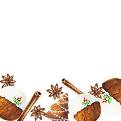 Watercolor Christmas frame with crispy gingerbread cookies with icing, cinnamon and anise star. New year hand painting spices isolated on white background. For designers, food decoration, menu, shop,