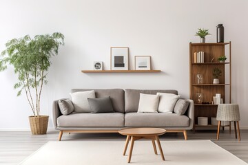 Living room interior with gray velvet sofa, pillows, green plaid, lamp and fiddle leaf tree in wicker basket on white wall background. 3D rendering,Generative AI