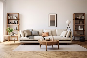 Living room interior with gray velvet sofa, pillows, green plaid, lamp and fiddle leaf tree in wicker basket on white wall background. 3D rendering,Generative AI