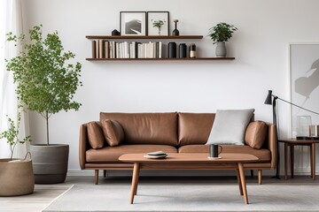 Living room interior with gray velvet sofa, pillows, green plaid, lamp and fiddle leaf tree in wicker basket on white wall background. 3D rendering,Generative AI