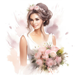 Naklejka premium Bride with a bouquet of flowers,watercolor wedding illustration isolated on white background.