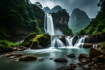 Fototapeta premium Waterfall in tropical forest at Khao Yai National Park, Thailand. Waterfall view from inside the cave.AI generated