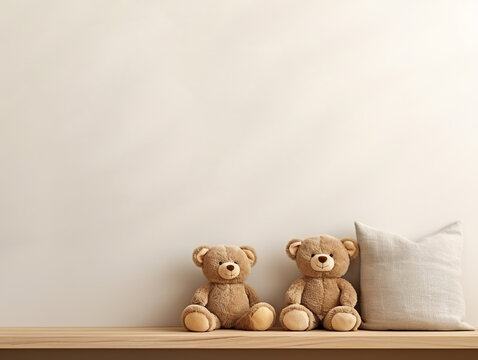 Kids room interior mockup, empty neutral wall for your text, wooden shelf and stuffed toys Generative ai