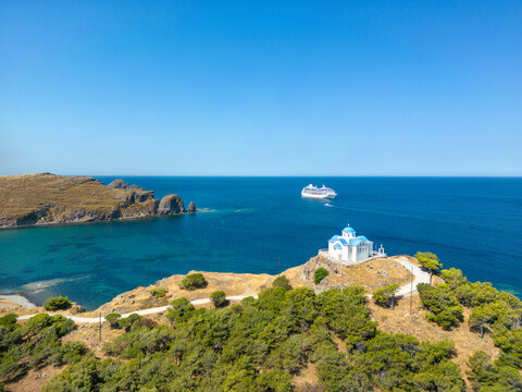 The Church of Agios Nikolaos in the new port of Myrina, Limnos with the cruise ship in the background