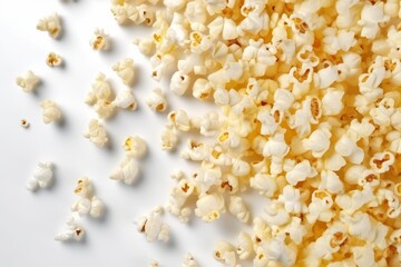 Popcorn on white background texture, top view, copy space. AI generated