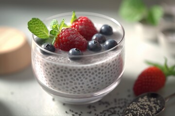 Chia pudding with strawberries and blueberries. AI generated