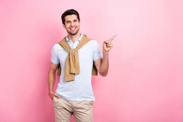 Photo of cheerful positive guy promoter wear trendy outfit arm direct empty space special offer...