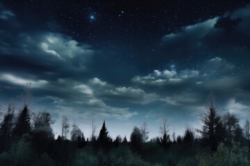 Starry Night: Nocturnal Cloudy Sky with Stars in Dark Azure & White | Serene Landscape & Transcendental Dreaming - obrazy, fototapety, plakaty