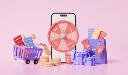 Minimal cartoon element fortune spin wheel isolated on pink background. business online via mobile shopping promotion marketing entertainment risk gamble event jackpot prize. 3d rendering illustration - obrazy, fototapety, plakaty