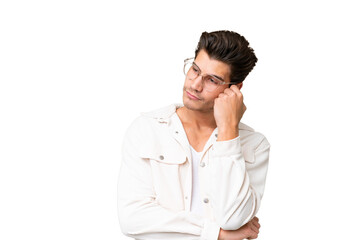 Young handsome caucasian man over isolated background with tired and bored expression