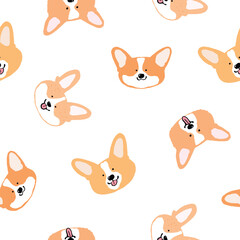 Seamless Pattern of Cartoon Corgi Dog Face Design on White Background