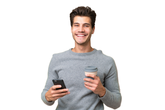 Young handsome caucasian man over isolated background holding coffee to take away and a mobile