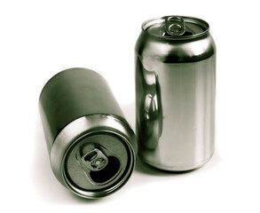 Two aluminum grey cans for beverage. Still-life picture of some metallic containers isolated on white background.