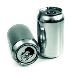Two aluminum cans for beverage. Still-life picture of some metallic containers isolated on white background.
