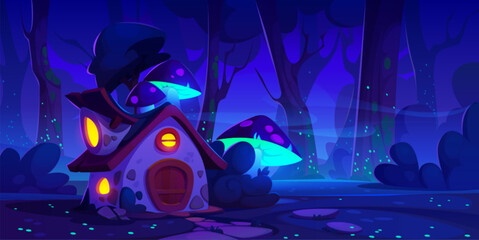 Fairytale house on night forest glade. Vector cartoon illustration of fantasy wooden hut with door, porch and light in round windows, neon mushrooms and fireflies glowing in darkness, stone footpath