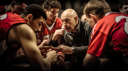  Intense Basketball Time-Out: Head Coach Strategizing with Focused Team. Generative AI.