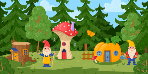 Cartoon forest fairy village, fairytale gnome mushroom houses. Woods gnomes or elves housing