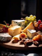 Gourmet Temptations: Luxurious, Mouth-Watering Cheese Platter in Dramatic Close-Up | Indulgent High-End Food Photography with Elegant Lighting