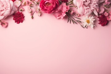 Fototapeta na wymiar Assorted pink flower border on pink background, flat lay, Generative AI