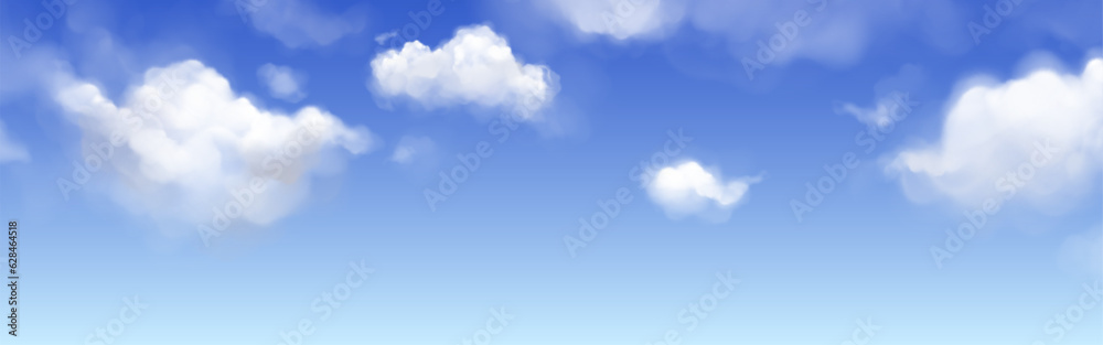 Poster white fluffy cloud in blue sky vector realistic background. cloudy pattern design for abstract beaut