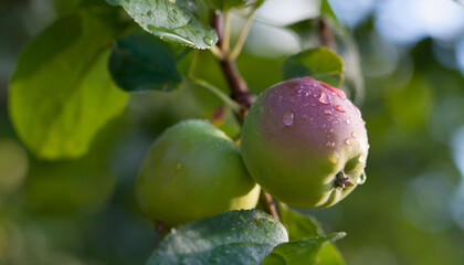 Apple fruit in the orchard after rain -  drops of water on the Malus tree.