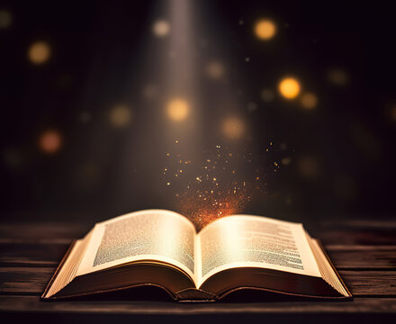 An open book with sparks falling through, in the style of dark bronze and gold
