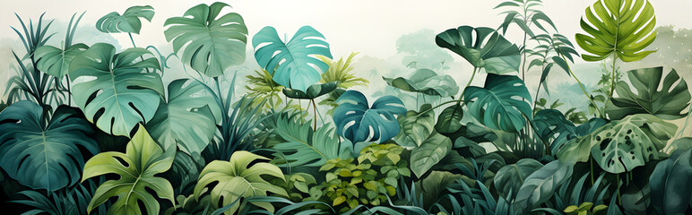 Tropical leaves watercolor background created with Generative AI technology