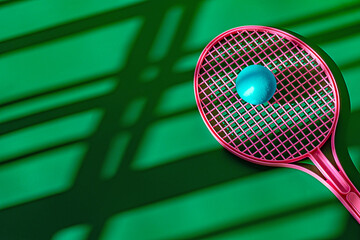 Pink racket and small blue ball on sports ground