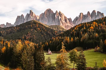 Peel and stick wall murals Dolomites Beautiful shot of Chiesetta di San Giovanni Church in Ranui Dolomites Italy