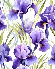 Iris flowers  tileable watercolor hand drawn seamless pattern created with Generative AI technology