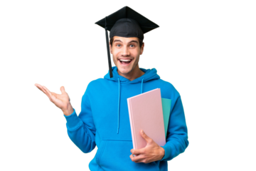 Young university graduate man over isolated background with shocked facial expression