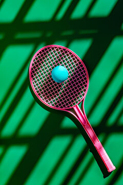 Pink racket and small blue ball on sports ground