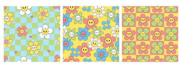 Fototapeta na wymiar Collection of seamless patterns with cute smiling flowers. Vector graphics.