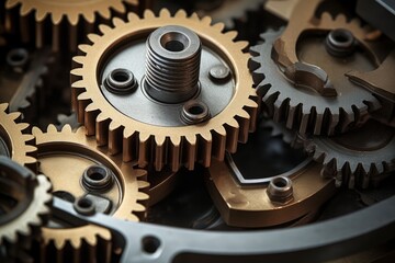 Metal gear sprockets in well used machine, closeup still life with beautiful textures and shape. Detail gear wheel.