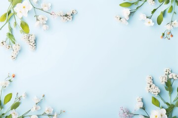 Obraz na płótnie Canvas Spring flower frame on blue background copy space flat lay mock up, Generative AI