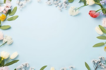 Fototapeta na wymiar Spring flower frame on blue background copy space flat lay mock up, Generative AI