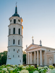 Vilnius, Lithuania - 07 15 2023: Katedros aikštė. Cathedral Square in the center of Vilnius. View of the Cathedral of St. Stanislaus and Belfry