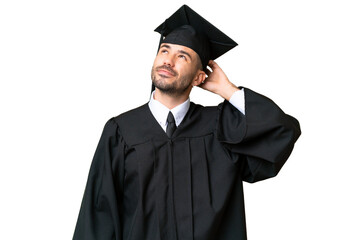 Young university graduate man over isolated chroma key background having doubts and with confuse...