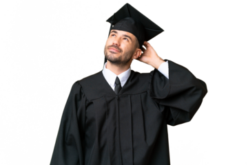 Young university graduate man over isolated chroma key background having doubts and with confuse face expression