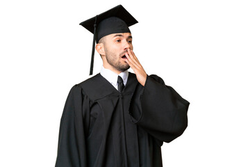 Young university graduate man over isolated chroma key background yawning and covering wide open mouth with hand
