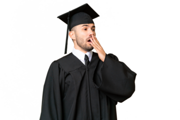 Young university graduate man over isolated chroma key background yawning and covering wide open mouth with hand