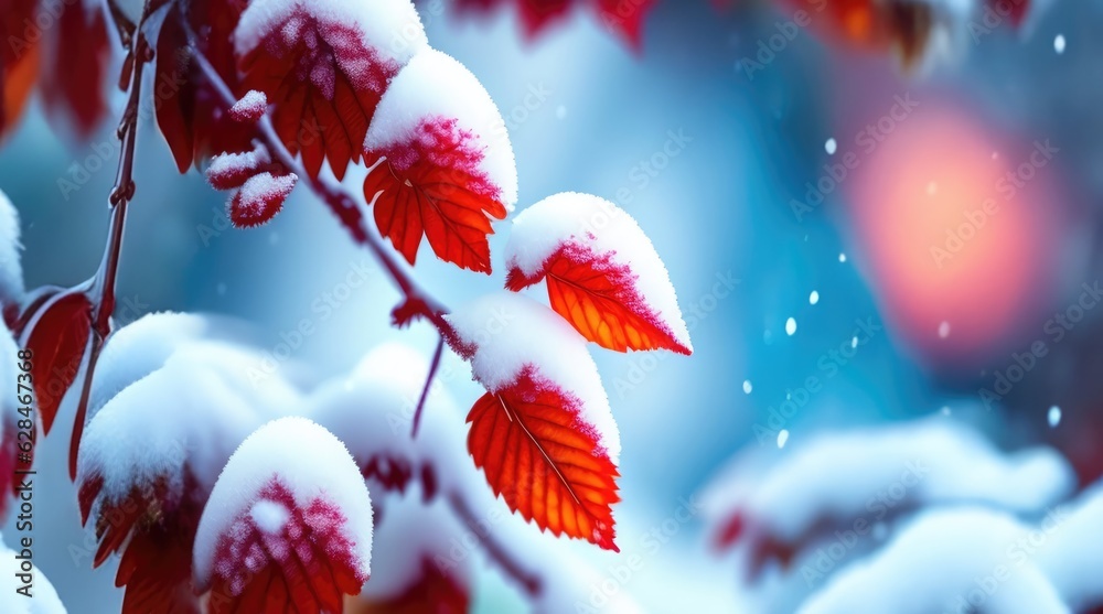 Poster beautiful colorful nature with bright orange leaves covered with frost in late autumn or early winte