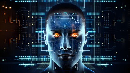 Face recognition, face recognition system concept. Biometric scanning, 3D scanning.ID face, personal identification through recognition system, wireframe concept.