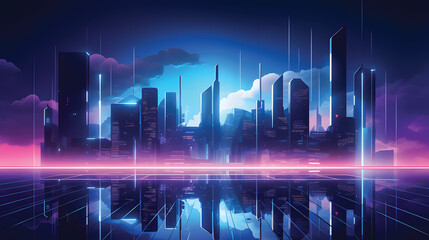 Vector urban architecture illustration, cityscape with space and neon light effect.