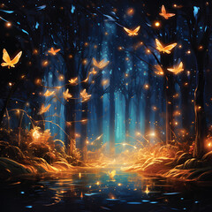 An abstract and magical image of glittering fireflies flying in the night forest, a fairy tale concept.