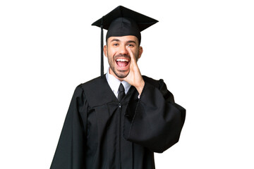 Young university graduate man over isolated chroma key background shouting with mouth wide open