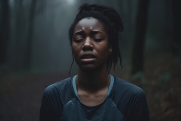 Resilience Amidst Pain: A Black Woman Jogging with a Headache, Expressing Inner Strength and Fashionable Resolve